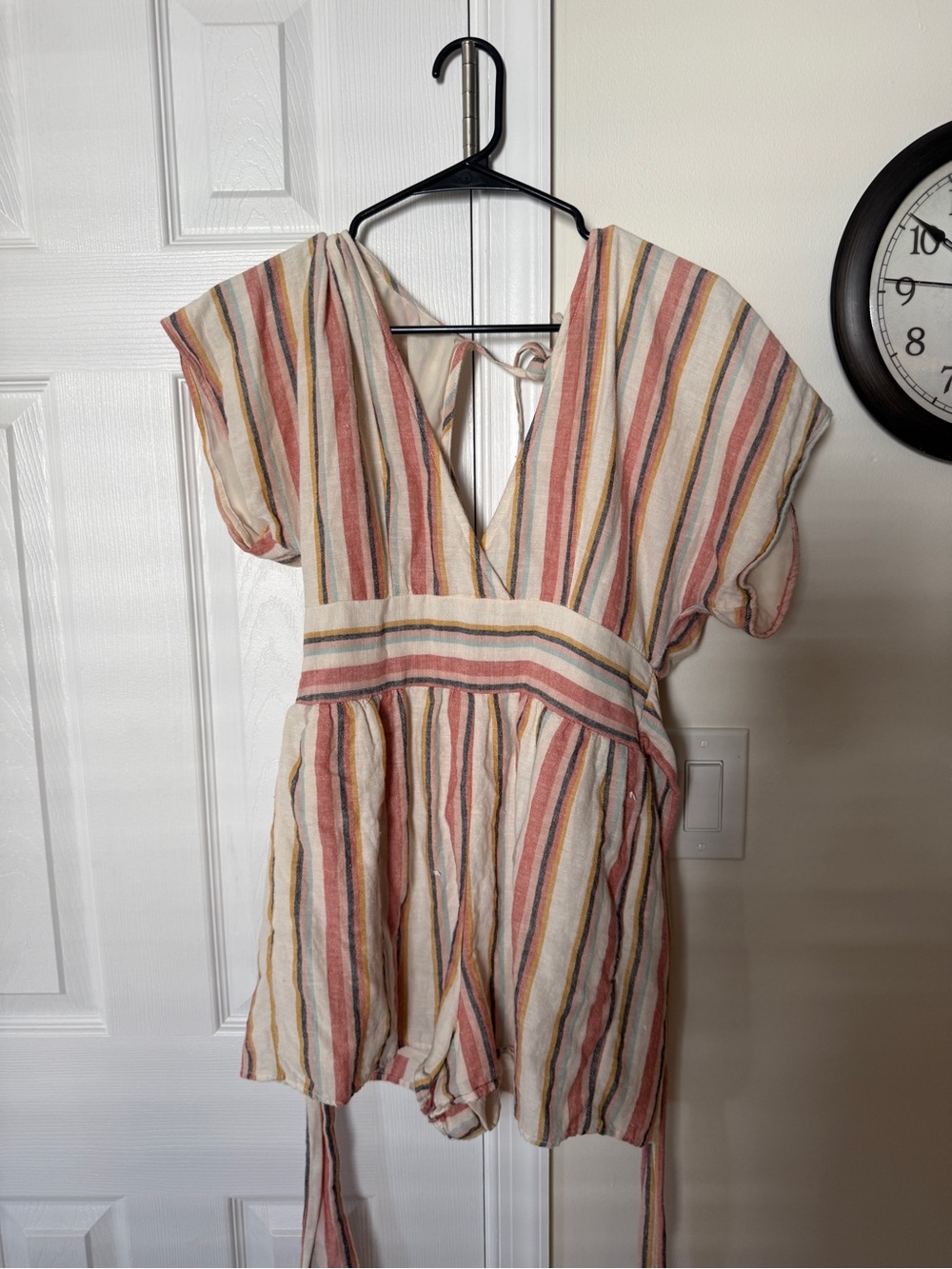 Striped V-Neck Short Sleeve Women’s Dress in Cream and Rust